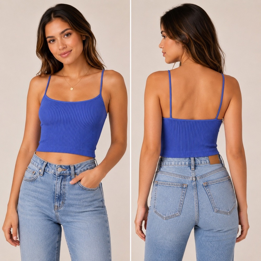 STPL Ribbed Crop Tank Top Womens One Size Blue Seamless Stretch‎ Cami